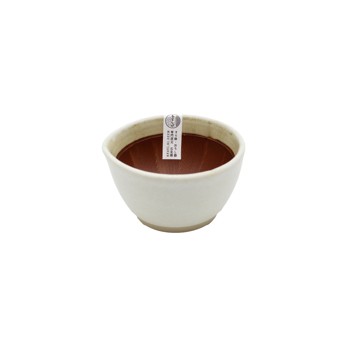 
                  
                    The Suribachi Motoshige, Pestle & Mortar - White features a white ceramic bowl with a textured brown interior and a small rim label, shown on a plain white background—a traditional Japanese kitchen tool.
                  
                