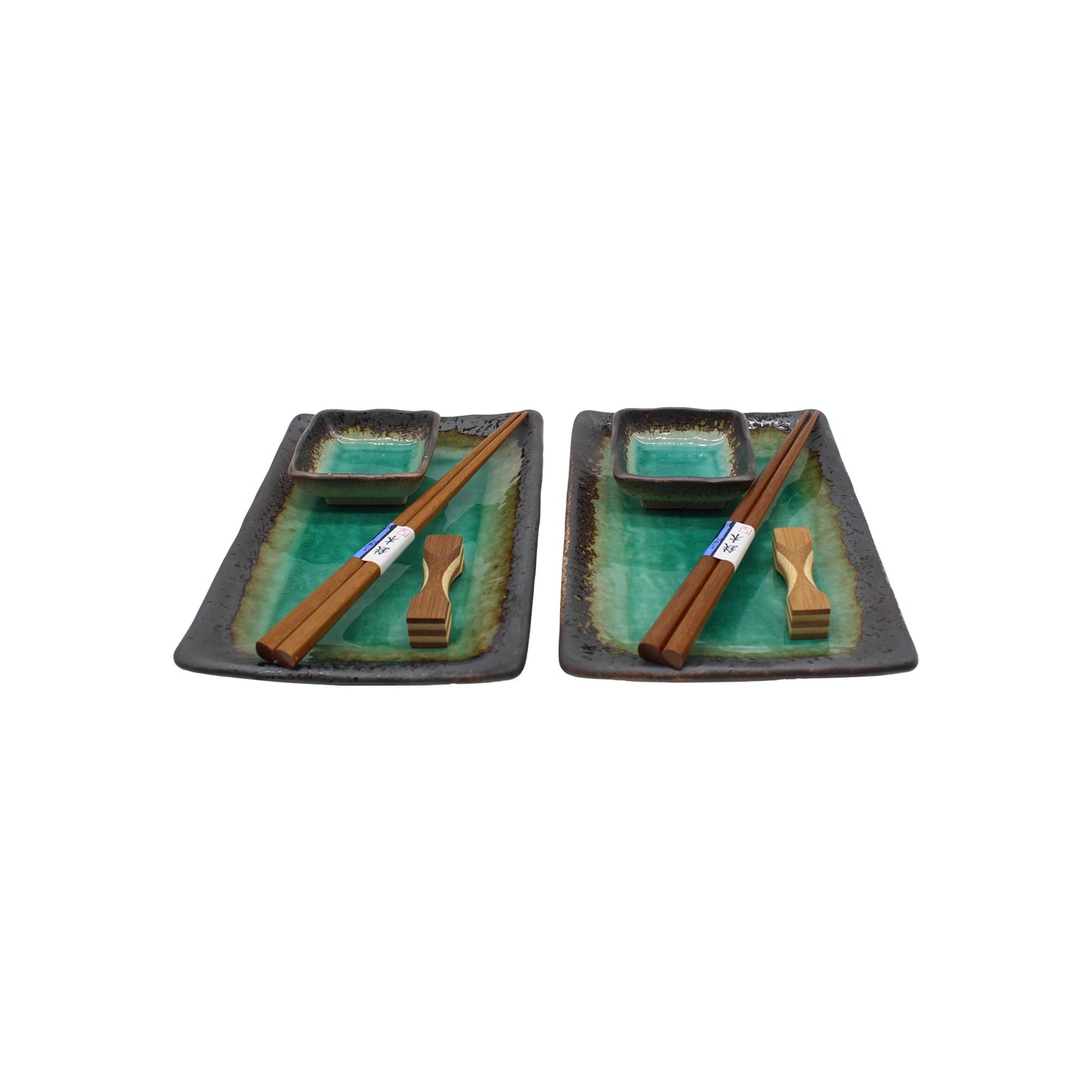 The Sushi Gift Set - Turquoise Crackle Glaze includes two matching sets with rectangular plates, dipping dishes, wooden chopsticks, and rests—ideal for adding Japanese porcelain dinnerware style to your table.