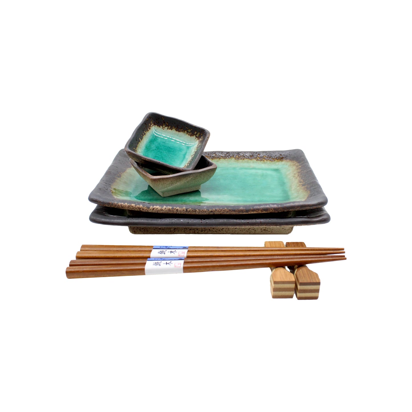 
                  
                    The Sushi Gift Set - Turquoise Crackle Glaze features rectangular artisan tableware, small bowls, and four pairs of wooden chopsticks with holders, beautifully arranged on a white background.
                  
                