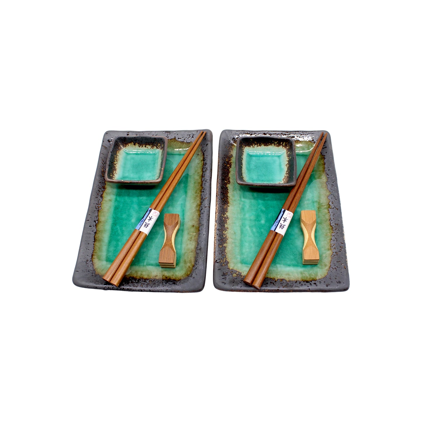 Two Sushi Gift Set - Turquoise Crackle Glaze sets, each with a rectangular plate, small square dish, wooden chopsticks, and a chopstick rest—artisan tableware displayed on a white background.