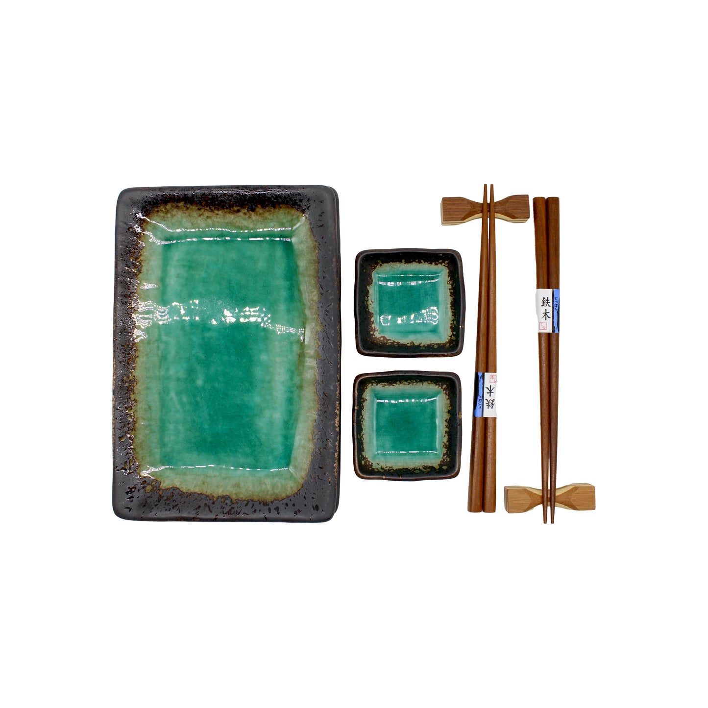 
                  
                    The Sushi Gift Set - Turquoise Crackle Glaze includes a rectangular green plate, two small square dishes, and two pairs of wooden chopsticks with rests—artisan tableware ideal for stylish dining.
                  
                