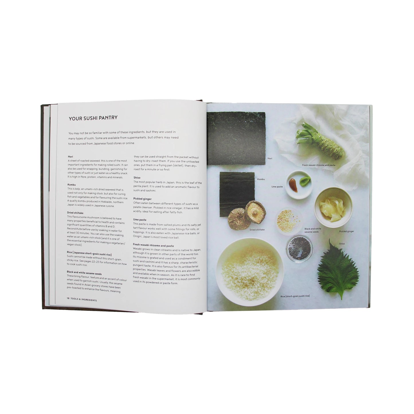An open page from Sushi Made Simple by Atsuko Ikeda titled Your Sushi Pantry, detailing ingredients like nori, kombu, dried shiitake, ume paste, wasabi, sesame seeds, pickled ginger, shiso, and rice.