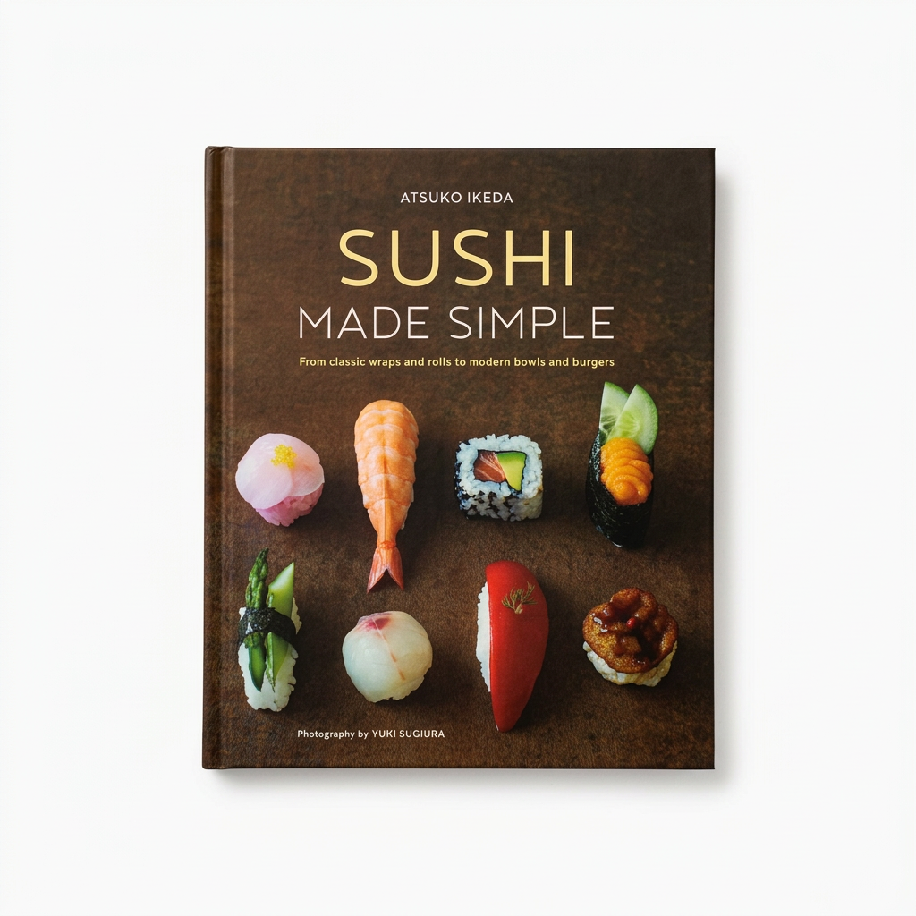Hardcover cookbook Sushi Made Simple by Atsuko Ikeda, featuring an arrangement of various sushi pieces on the cover.