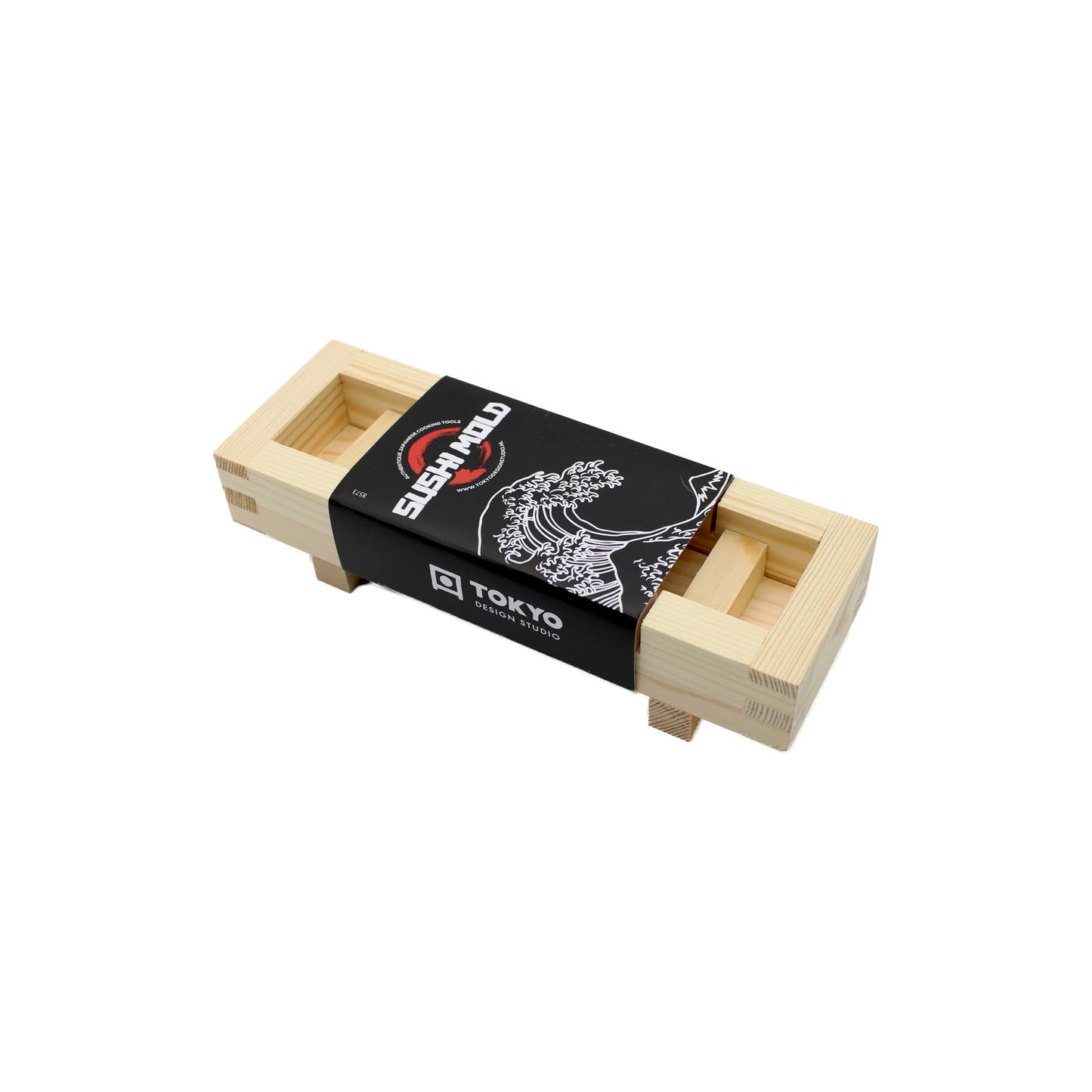 Sushi Mold set featuring a rectangular wooden box with a black paper sleeve adorned with wave art and Japanese text, inspired by traditional sushi styles like Oshizushi, displayed on a white background.