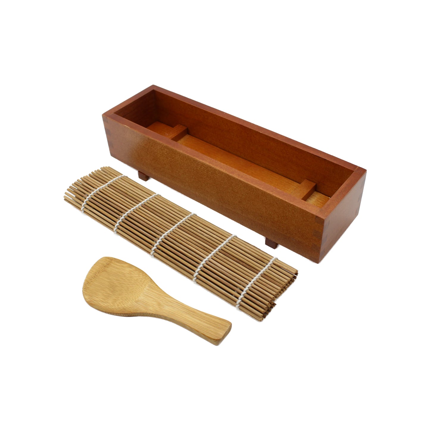
                  
                    The Sushi Mold with Sushi Mat and Rice Spatula is neatly arranged on a white background.
                  
                