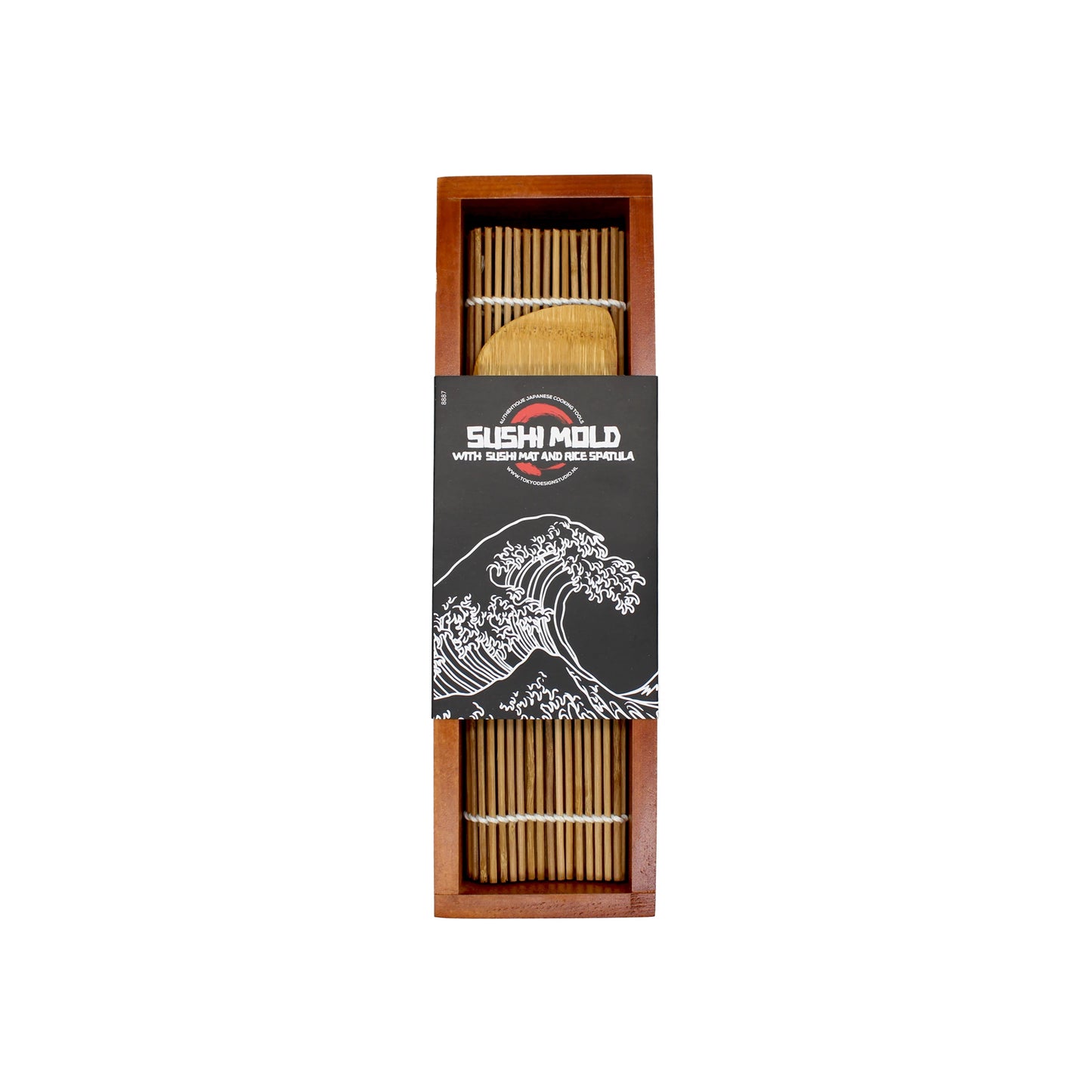 The Sushi Mold with Sushi Mat and Rice Spatula includes a rectangular oshizushi mold, bamboo mat, and rice spatula, all packaged in a box featuring a wave illustration and the product name.