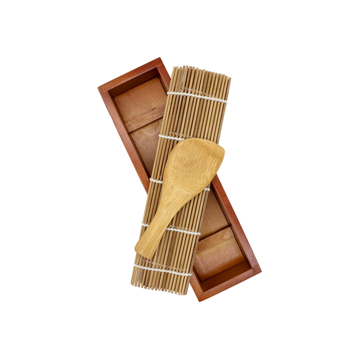 The Sushi Mold with Sushi Mat and Rice Spatula is neatly arranged on a white background, perfect for crafting Oshizushi.