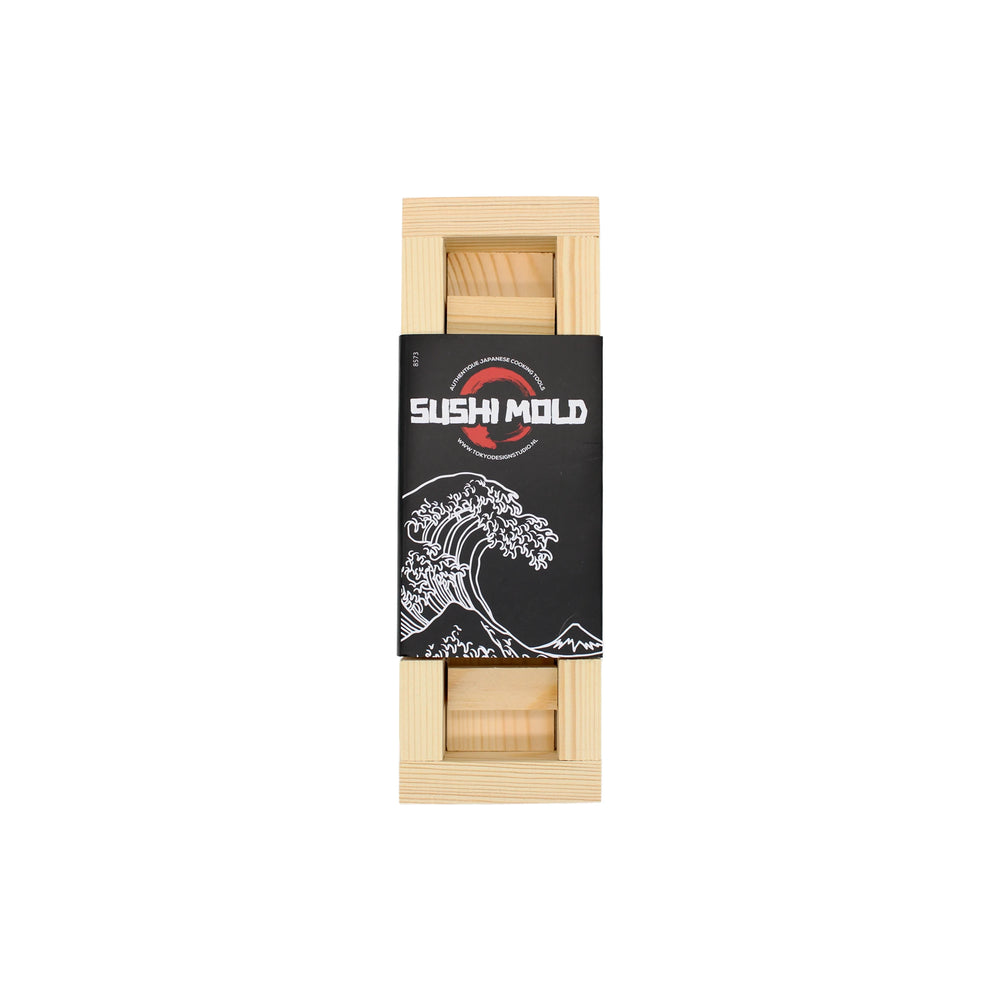 The Sushi Mold comes in rectangular packaging with a black label depicting a wave and the text “Sushi Mold”—ideal for preparing traditional Japanese pressed sushi (Oshizushi).