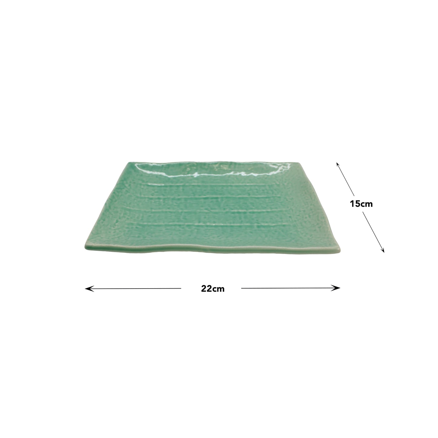 
                  
                    Sushi Plate - Celadon Green: Rectangular Minoyaki porcelain plate with textured celadon glaze, inspired by Japanese culture. Measures 22 cm x 15 cm and shown with dimension arrows.
                  
                
