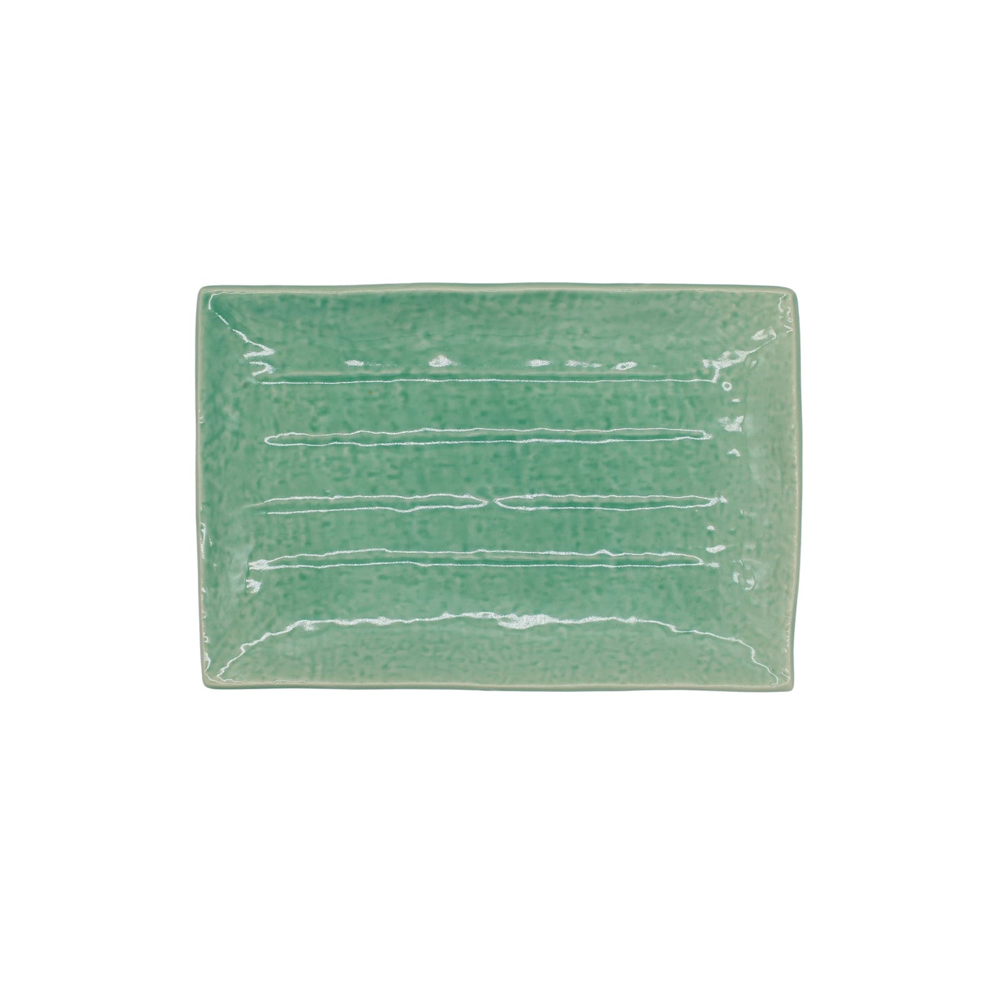 
                  
                    Sushi Plate - Celadon Green: Rectangular ceramic plate with a textured, glossy finish, inspired by Minoyaki porcelain. Photographed on a white background.
                  
                