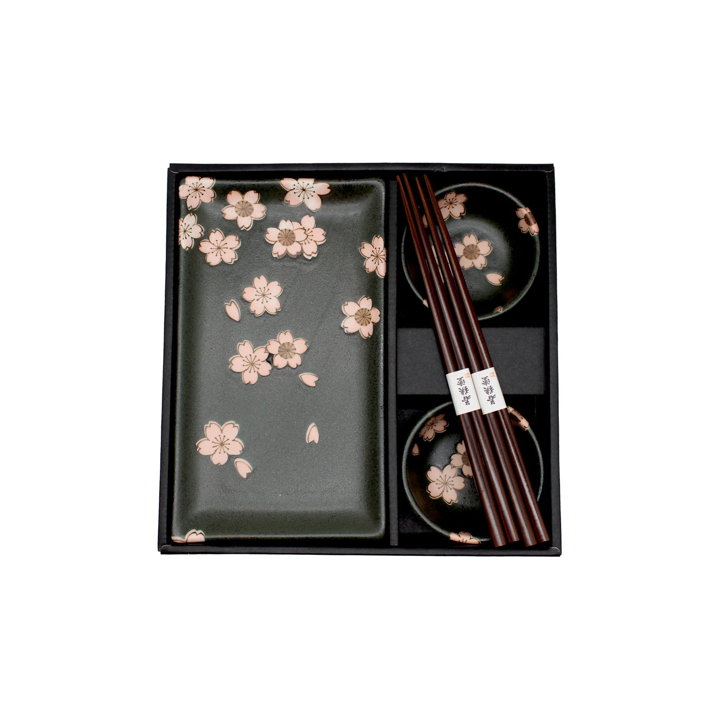 
                  
                    The Sushi Gift Set - Black & Pink Sakura Design includes two pairs of chopsticks, two small round dishes, and a rectangular sushi plate with pink cherry blossoms, all attractively presented in a black box.
                  
                