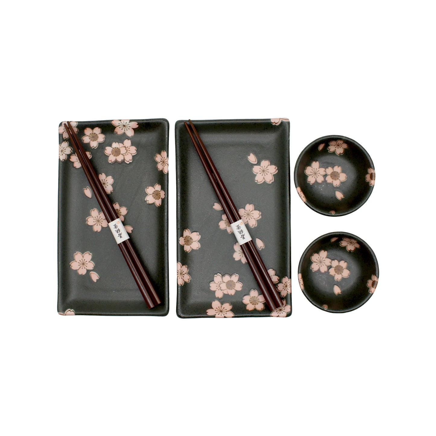 
                  
                    The Sushi Gift Set - Black & Pink Sakura Design includes two ceramic sushi plates, two pairs of chopsticks, and two small round bowls with pink cherry blossoms on black, arranged elegantly on a white surface.
                  
                