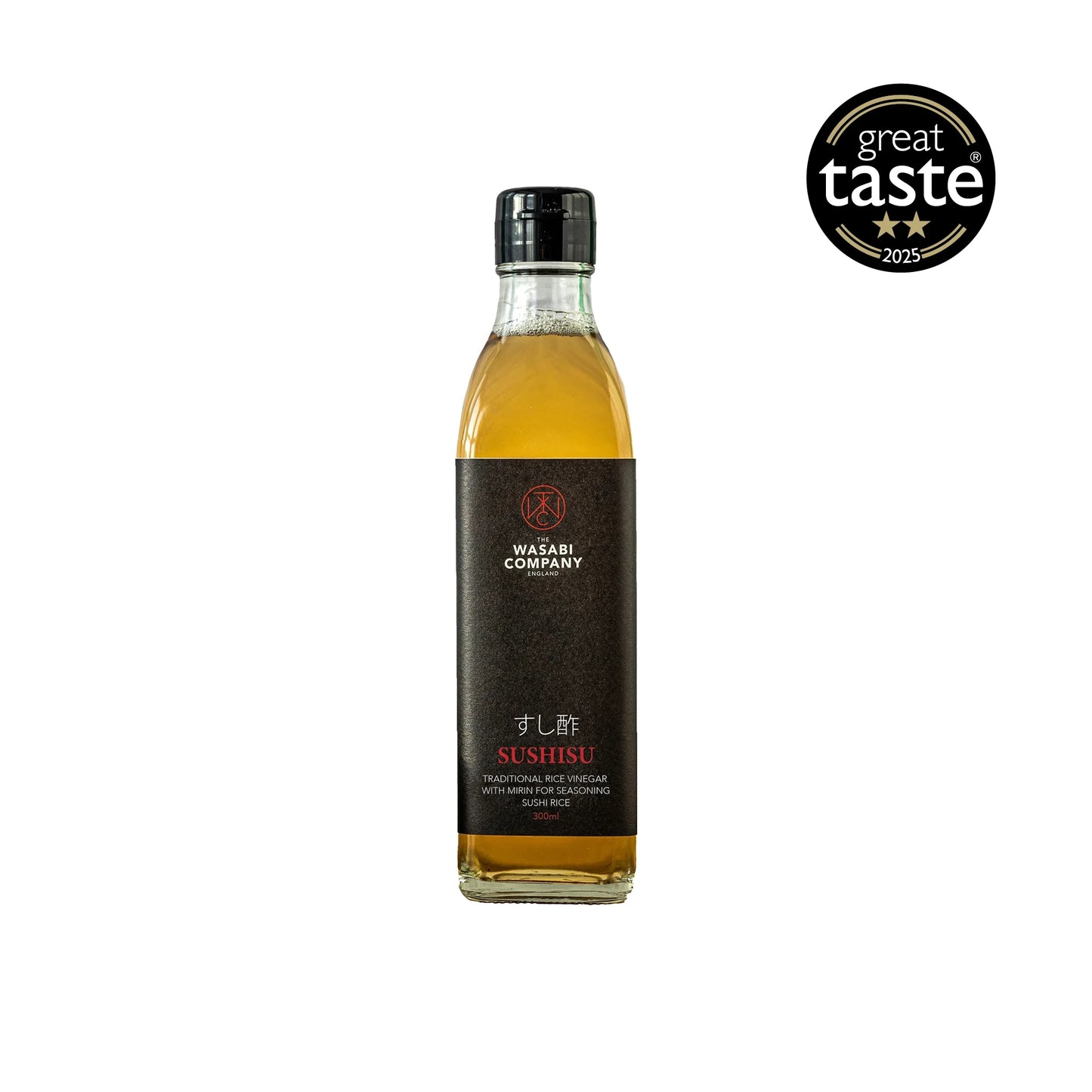 A 300ml bottle of Sushisu Sushi Rice Vinegar with Mirin, perfect for seasoning sushi rice, stands beside a Great Taste 2025 award badge on a white background.