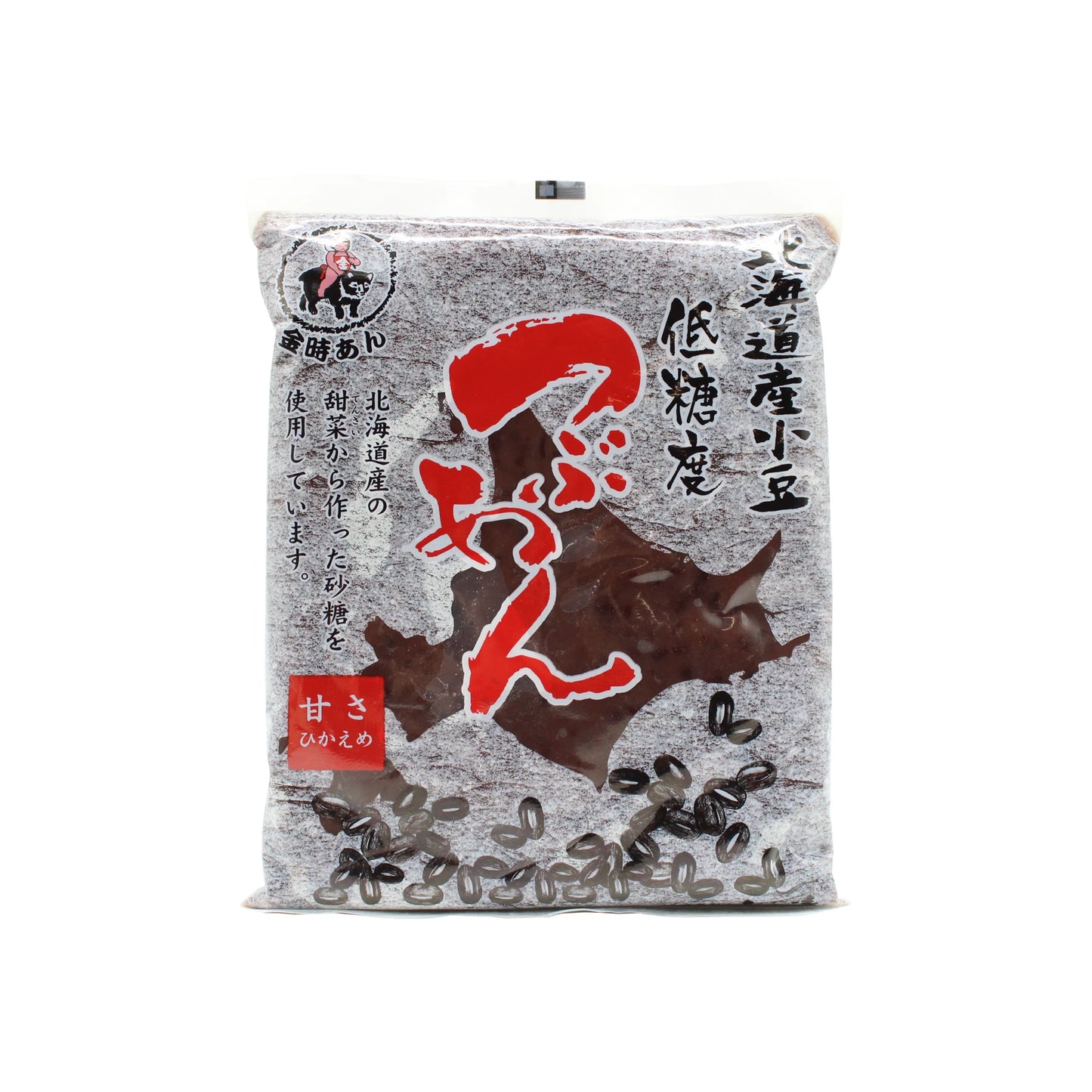 Sweet Red Bean Paste with Azuki Chunks - 700g: This gray package features black and red Japanese text, bean images, and clear windows showing the sweet paste made from Hokkaido azuki beans.