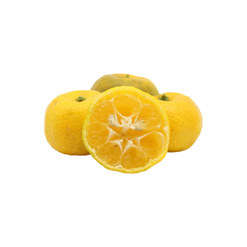 Three whole Fresh Tachibana yellow yuzu fruits and one halved yuzu, revealing its juicy Japanese citrus interior, are displayed against a white background.