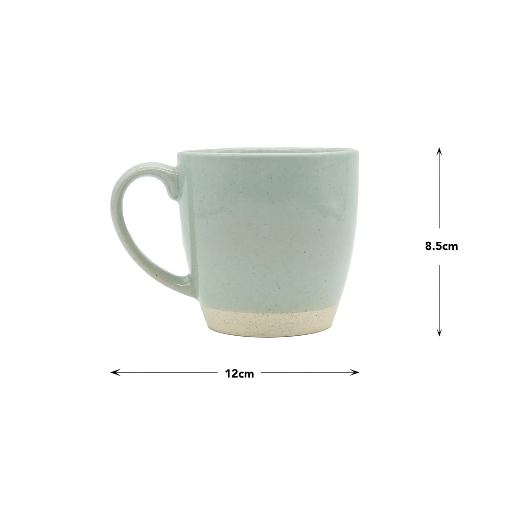 The Taikon Mug - Tomei Blue is an artisan earthenware mug with a handle, featuring a beige base. It measures 12 cm wide and 8.5 cm tall.