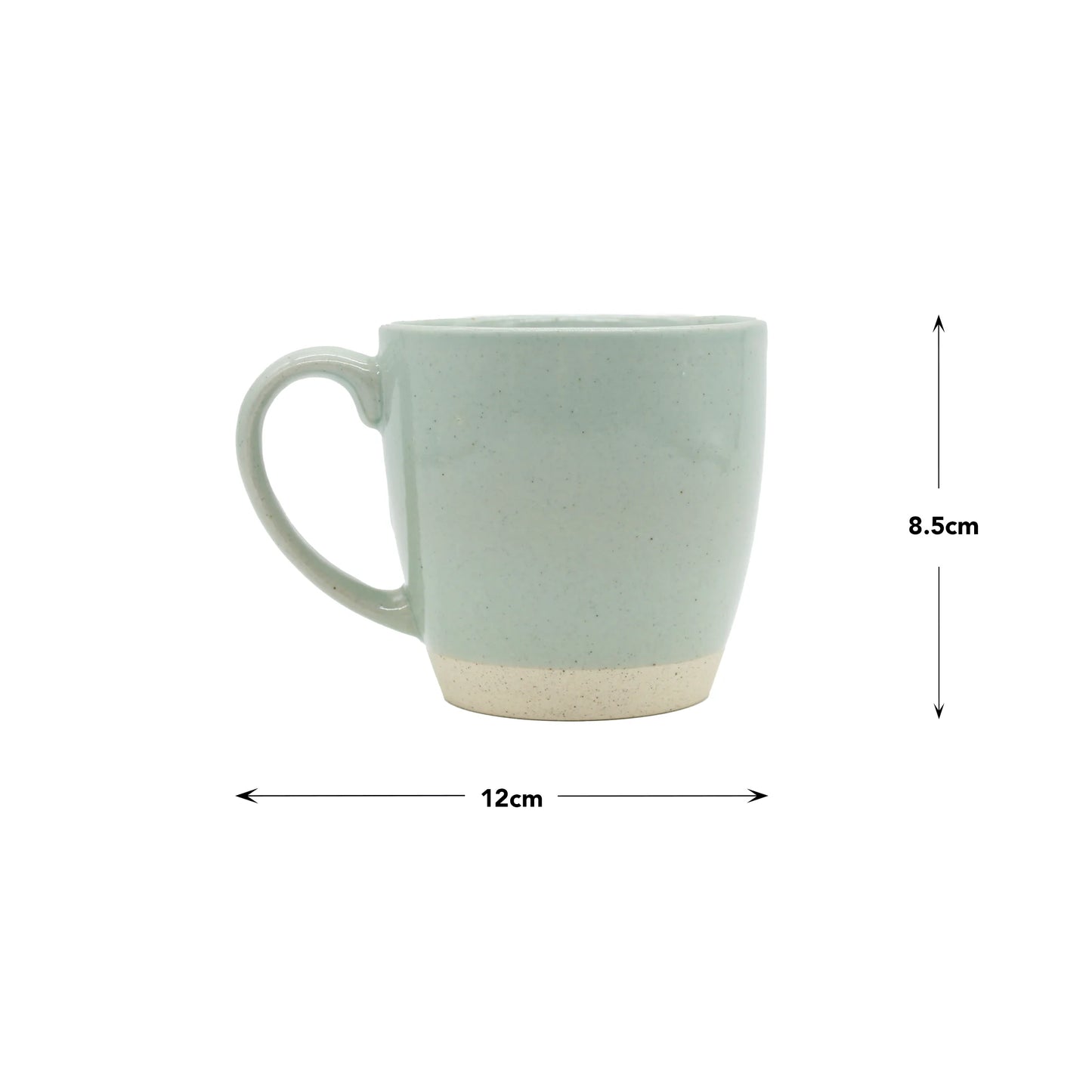 The Taikon Mug - Tomei Blue is an artisan earthenware mug with a handle, featuring a beige base. It measures 12 cm wide and 8.5 cm tall.