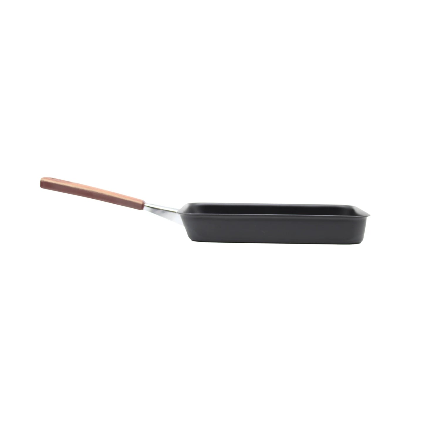 
                  
                    The Tamagoyaki Omelette Pan 19cm is a rectangular black pan with a non-stick coating and wooden handle, shown from the side on a plain white background.
                  
                