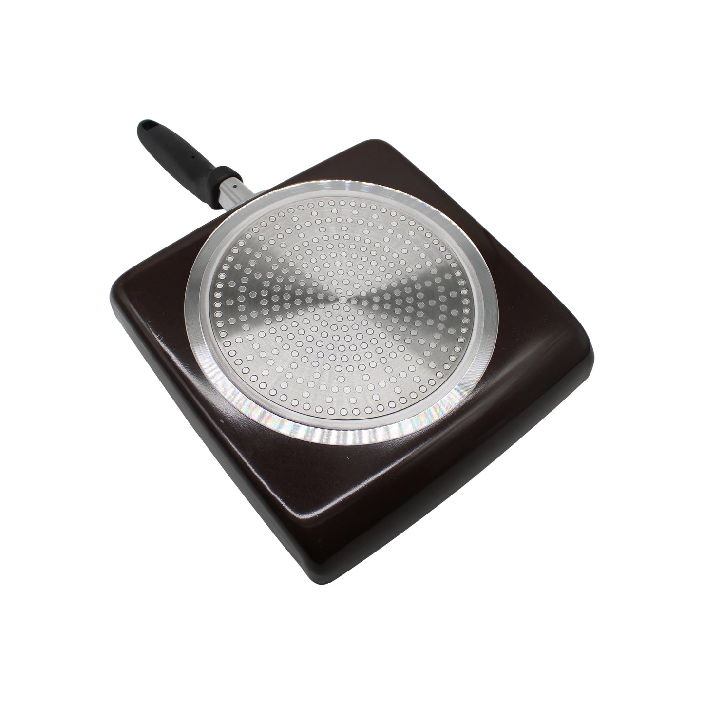 
                  
                    The Tamagoyaki Omelette Pan - 21cm features a square shape, black handle, and a silver textured circular base, displayed on a white background.
                  
                