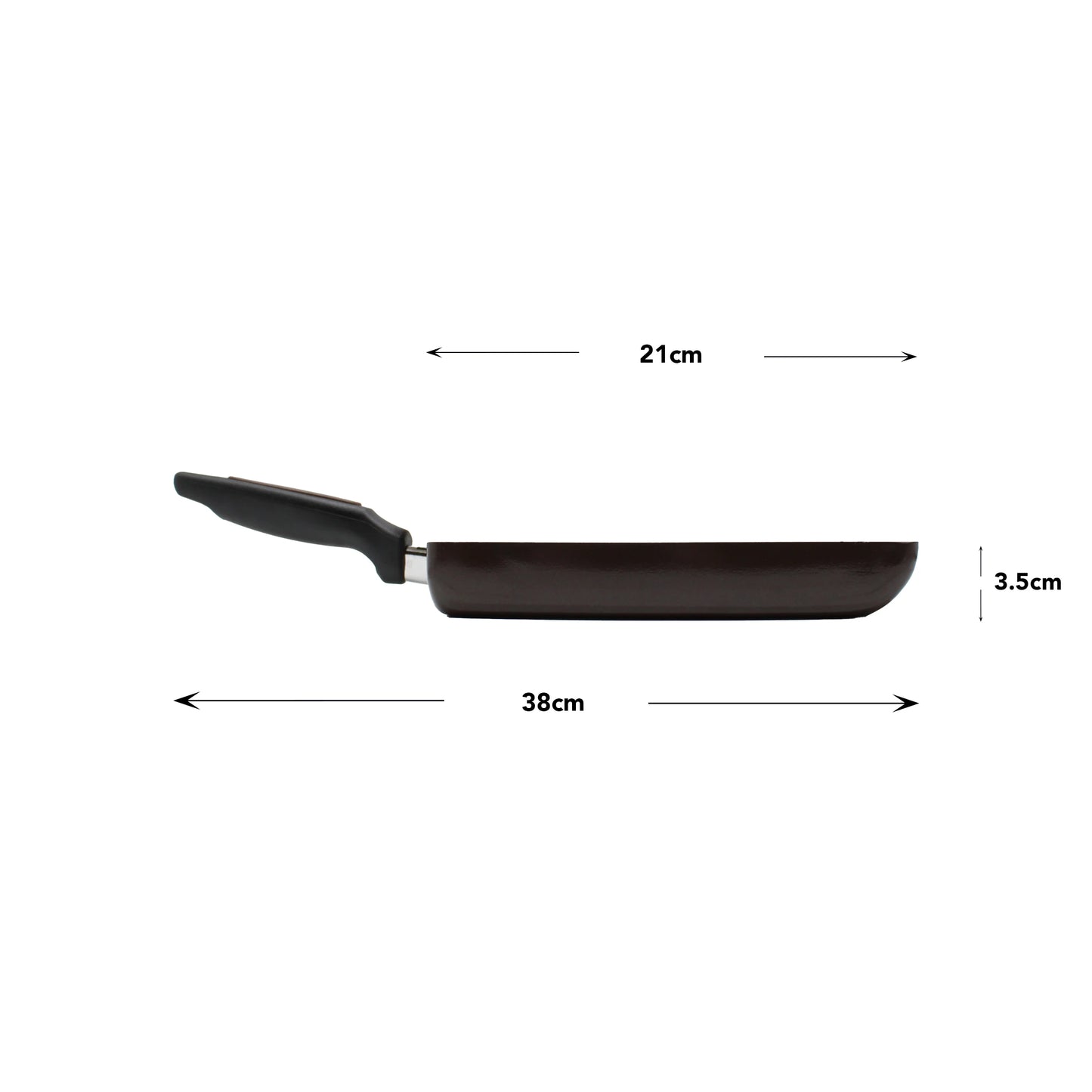 
                  
                    Side view of the Tamagoyaki Omelette Pan - 21cm with handle, measuring 21 cm wide, 38 cm long (including handle), and 3.5 cm high—a perfect non-stick pan for easy omelette cooking.
                  
                