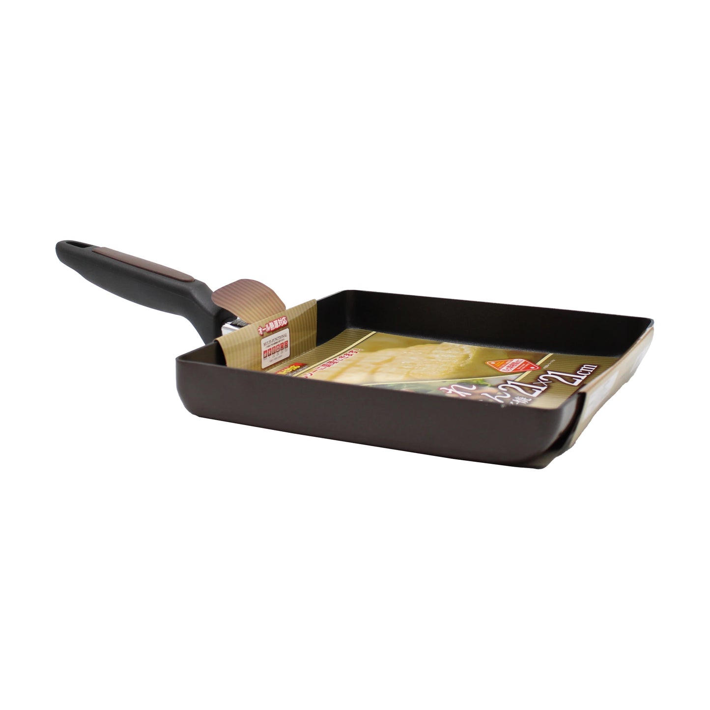 
                  
                    The Tamagoyaki Omelette Pan - 21cm features a square black nonstick surface and a black handle, displayed at an angle with packaged product information inside the pan.
                  
                