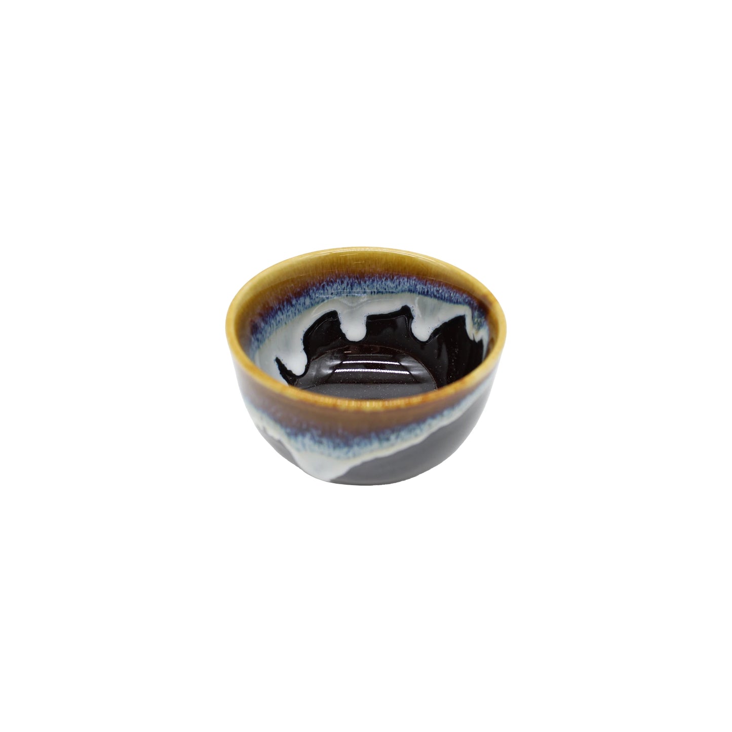 
                  
                    A small Minoyaki porcelain tea cup named "Tea Cup - Brown with Blue Drip," featuring a glossy multicolored glaze in brown, blue, and white tones—an elegant example of Japanese ceramic ware.
                  
                