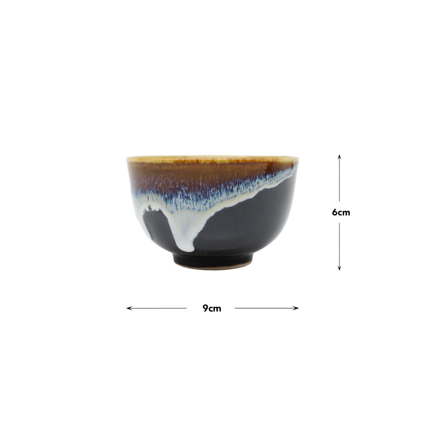 The Tea Cup - Brown with Blue Drip features a blue, white, and brown glaze and Japanese ceramic style, measuring 9 cm in diameter and 6 cm in height.