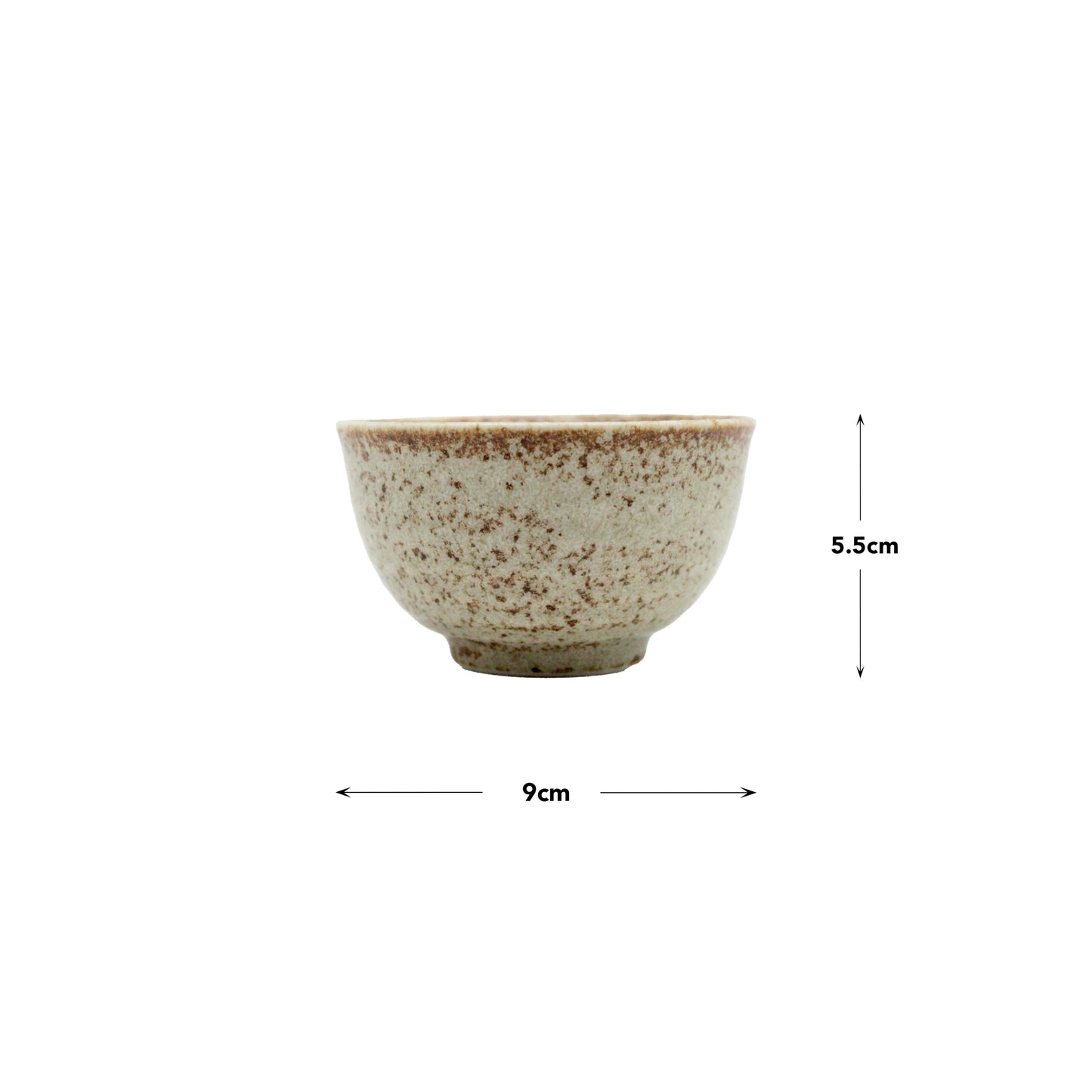 The Tea Cup - Sand Fade is a handmade ceramic cup with a speckled beige finish inspired by Japanese tableware, measuring 9 cm in diameter and 5.5 cm in height, shown against a white background.