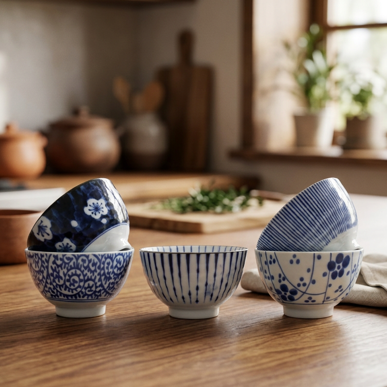 
                  
                    Five indigo blue Japanese ceramic teacups from the 5 Piece Japanese Teacup Gift Set - Aizome, featuring various patterns and arranged on a wooden surface.
                  
                