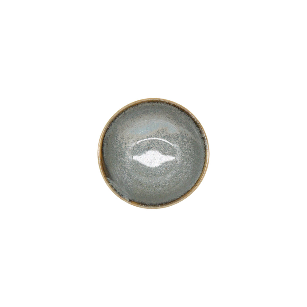 
                  
                    A small, round Tea Cup - Steel Grey with a glossy gray glaze and brown rim, viewed from above against a white background.
                  
                