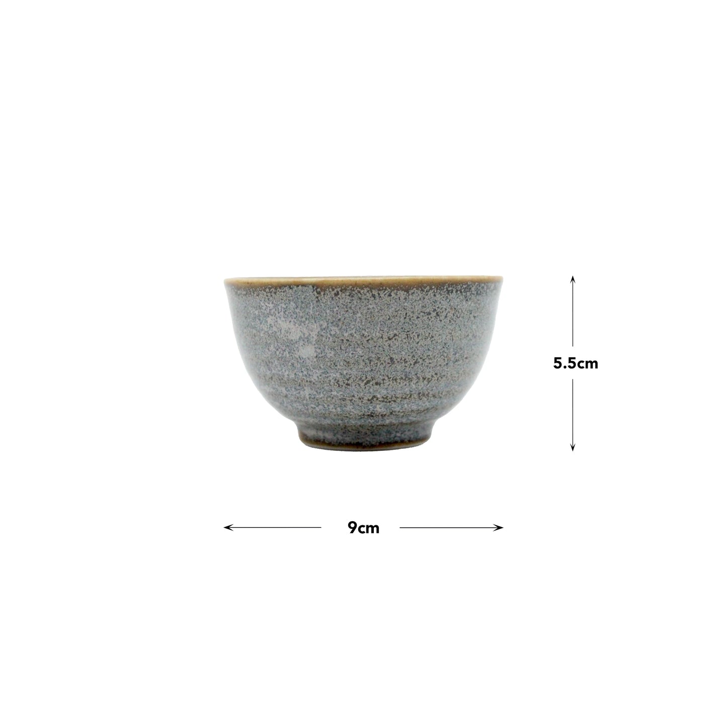 The Tea Cup - Steel Grey features Minoyaki porcelain with a speckled grey finish, measuring 9 cm in diameter and 5.5 cm in height—ideal as Japanese ceramic ware or a handmade tea cup.