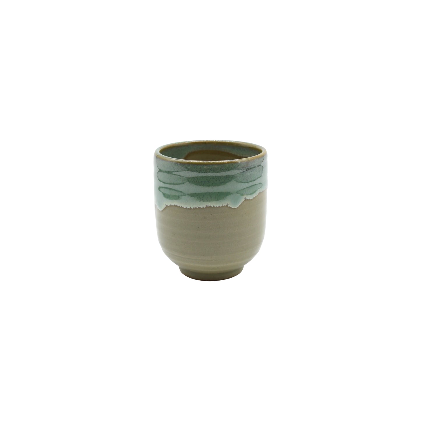 The Tea Mug - Aqua Drip features Japanese craftsmanship with a beige base and light green glazed rim, beautifully displayed against a white background.