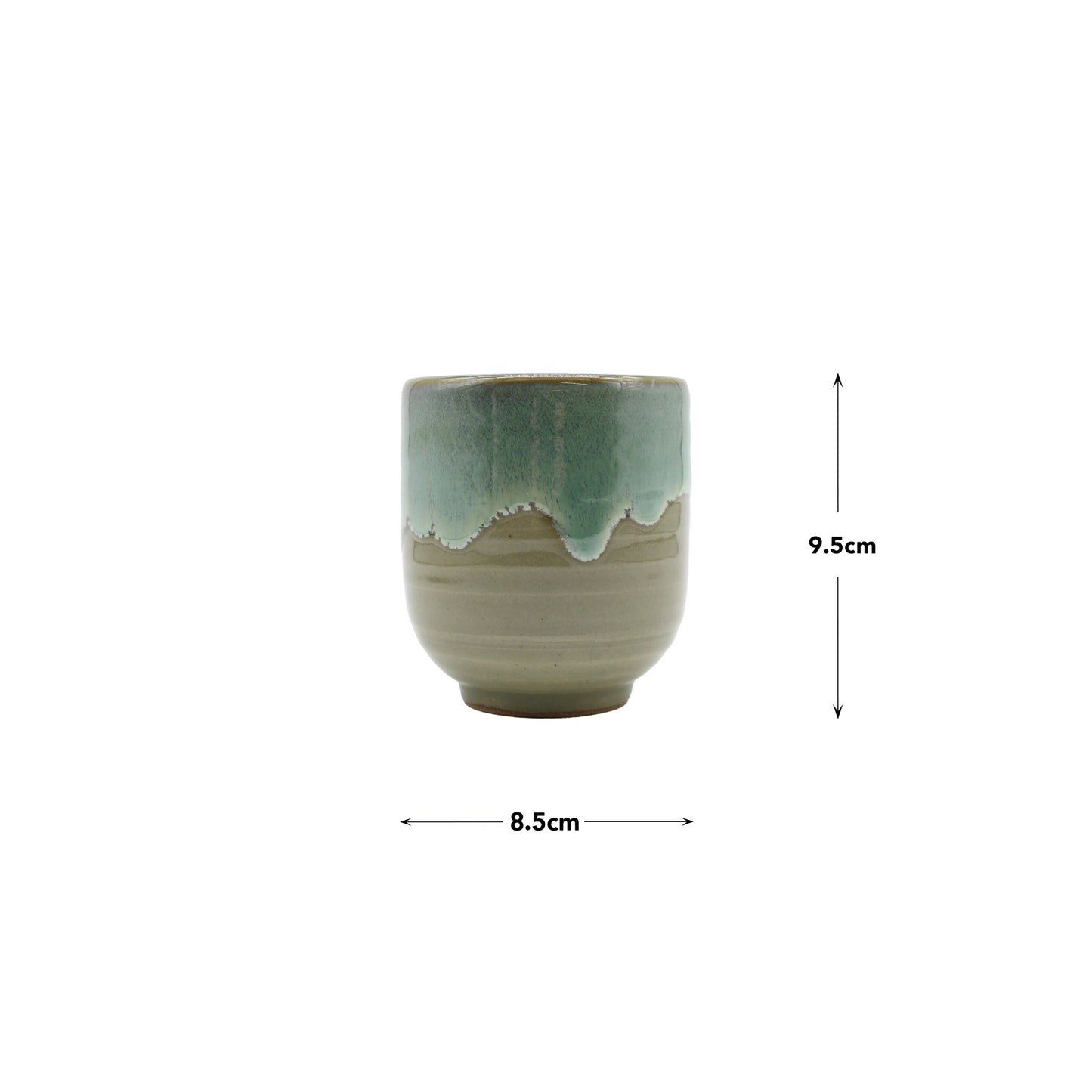 The Tea Mug - Aqua Drip is a Japanese ceramic yunomi teacup with green and beige glaze, showcasing fine craftsmanship. It measures 8.5 cm in diameter and 9.5 cm high, and is displayed against a white background.