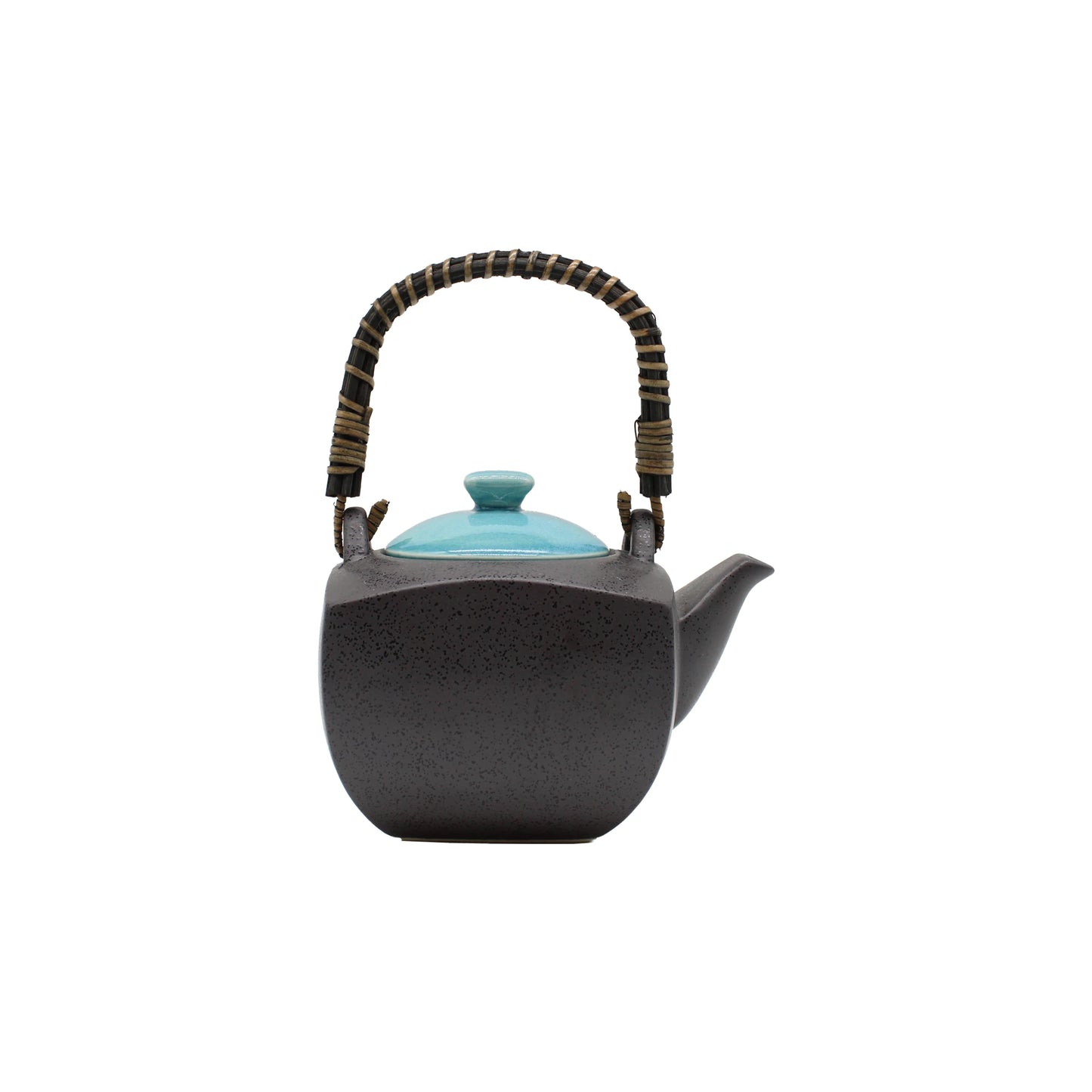 
                  
                    The Tea Gift Set for Four - Sky Blue and Grey features a black square-shaped Minoyaki porcelain teapot with a turquoise lid and a curved, striped-wrapped handle, displayed on a white background.
                  
                