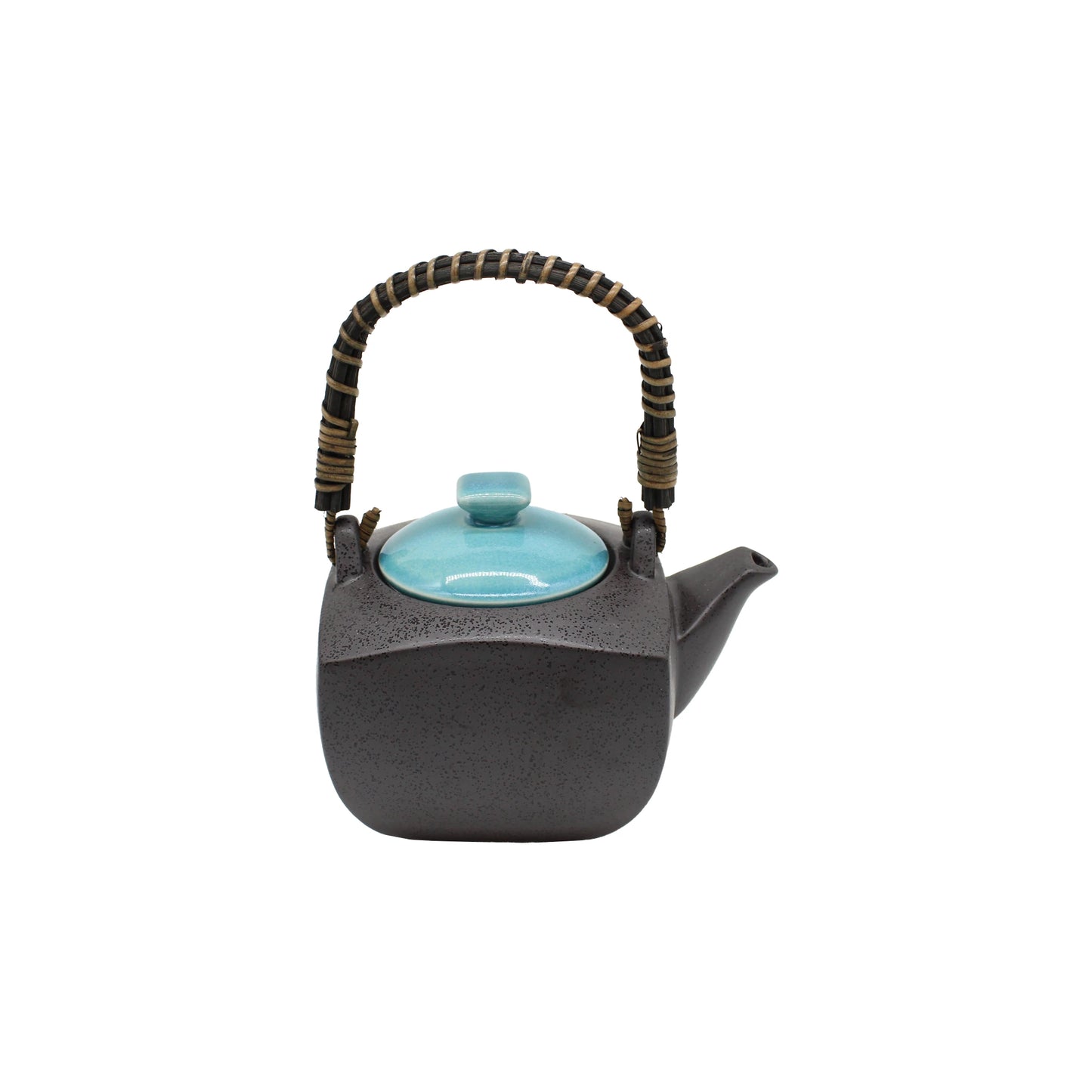 
                  
                    The Tea Gift Set for Four in sky blue and grey features a square black ceramic teapot with a turquoise lid and curved woven handle, inspired by Japanese ceramic ware, presented on a plain white background.
                  
                