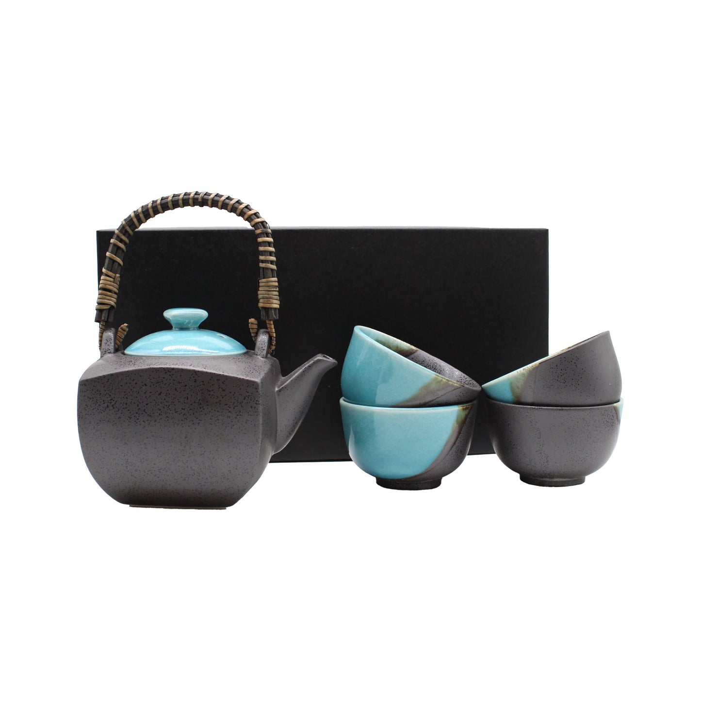 The Tea Gift Set for Four - Sky Blue and Grey includes a woven-handle teapot and four matching cups, elegantly displayed before a black box.