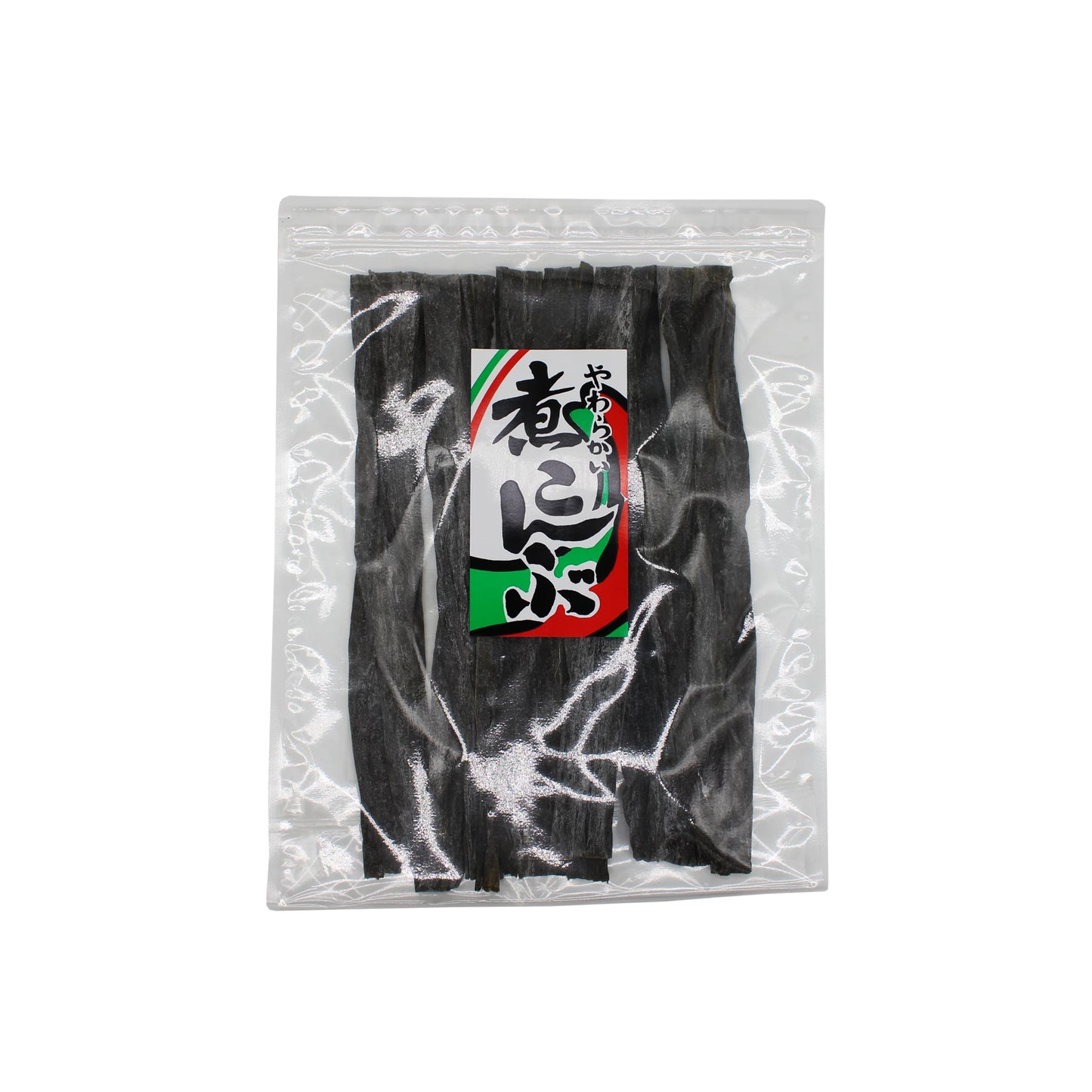 A clear plastic pack of Tender Young Kombu Seaweed - 75g features several rectangular strips, ideal for creating rich umami dashi, with a Japanese label on the front.