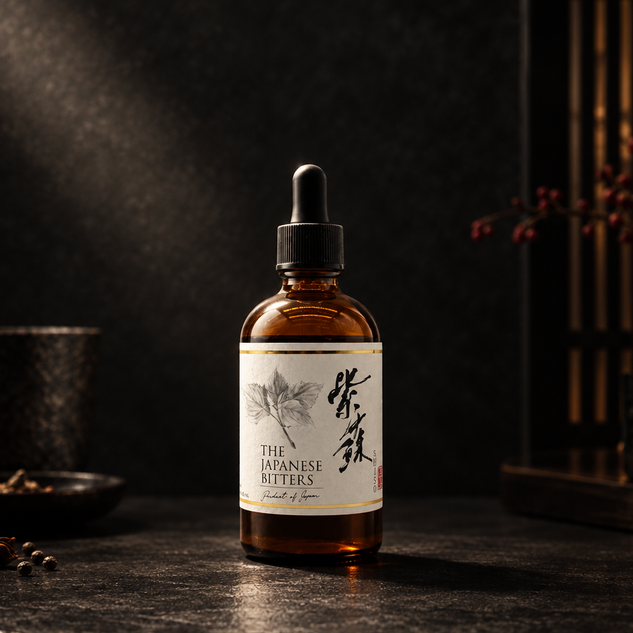 
                  
                    Amber glass dropper bottle labeled Japanese Shiso Bitters - 100ml with Japanese text, featuring shiso bitters on a dark surface with minimal background décor.
                  
                