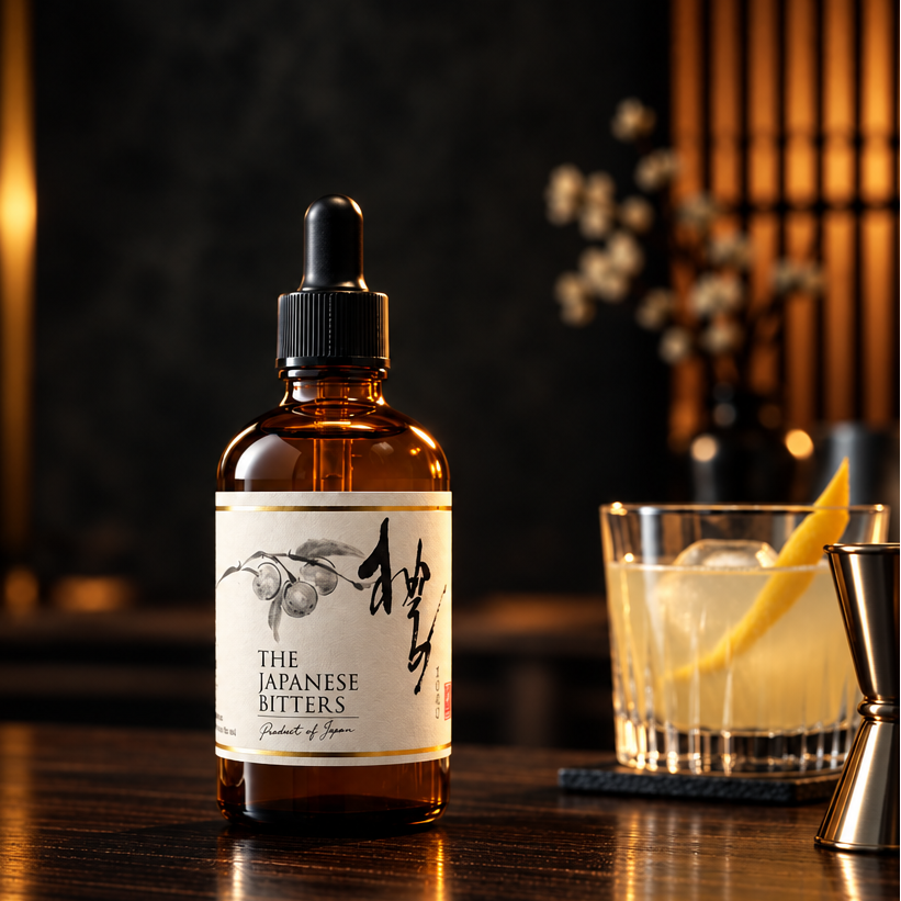 
                  
                    A bottle of Japanese Yuzu Bitters - 100ml with a dropper sits by a citrus cocktail on ice and a lemon twist, surrounded by bar tools under dim lighting.
                  
                