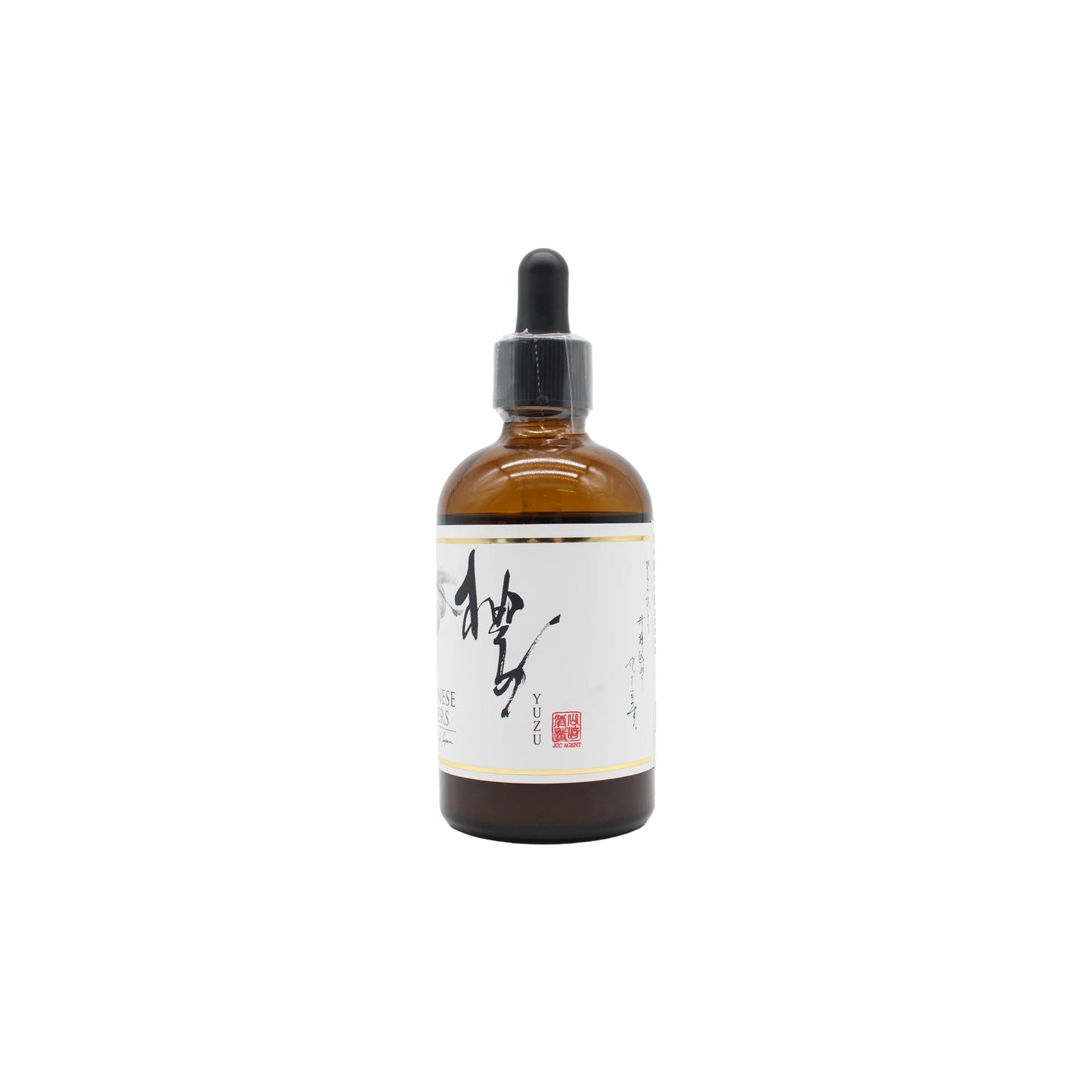 
                  
                    Japanese Yuzu Bitters - 100ml in an amber glass dropper bottle with a white label, black calligraphy, and red stamp on a plain white background.
                  
                