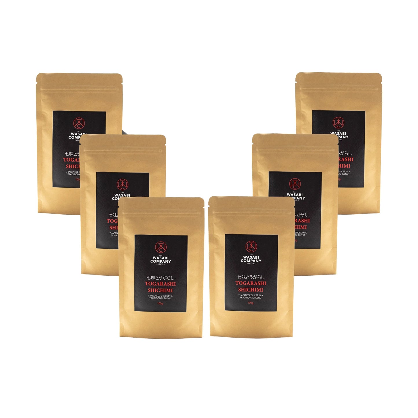 
                  
                    Six brown resealable pouches of Wasabi Label Togarashi Shichimi Spice Mix, a Japanese seven-flavour chilli seasoning, are arranged against a white background.
                  
                