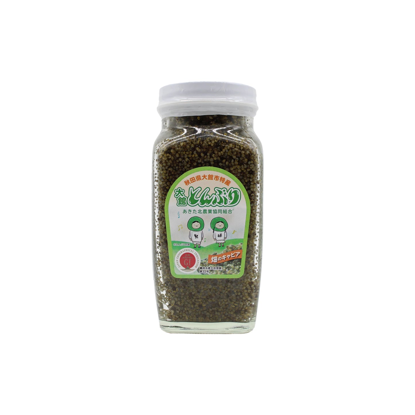 
                  
                    A clear glass jar with a white lid, labeled in Japanese with green and white text plus cartoon characters, contains Tonburi Land Caviar - 300g—known as vegan or land caviar.
                  
                