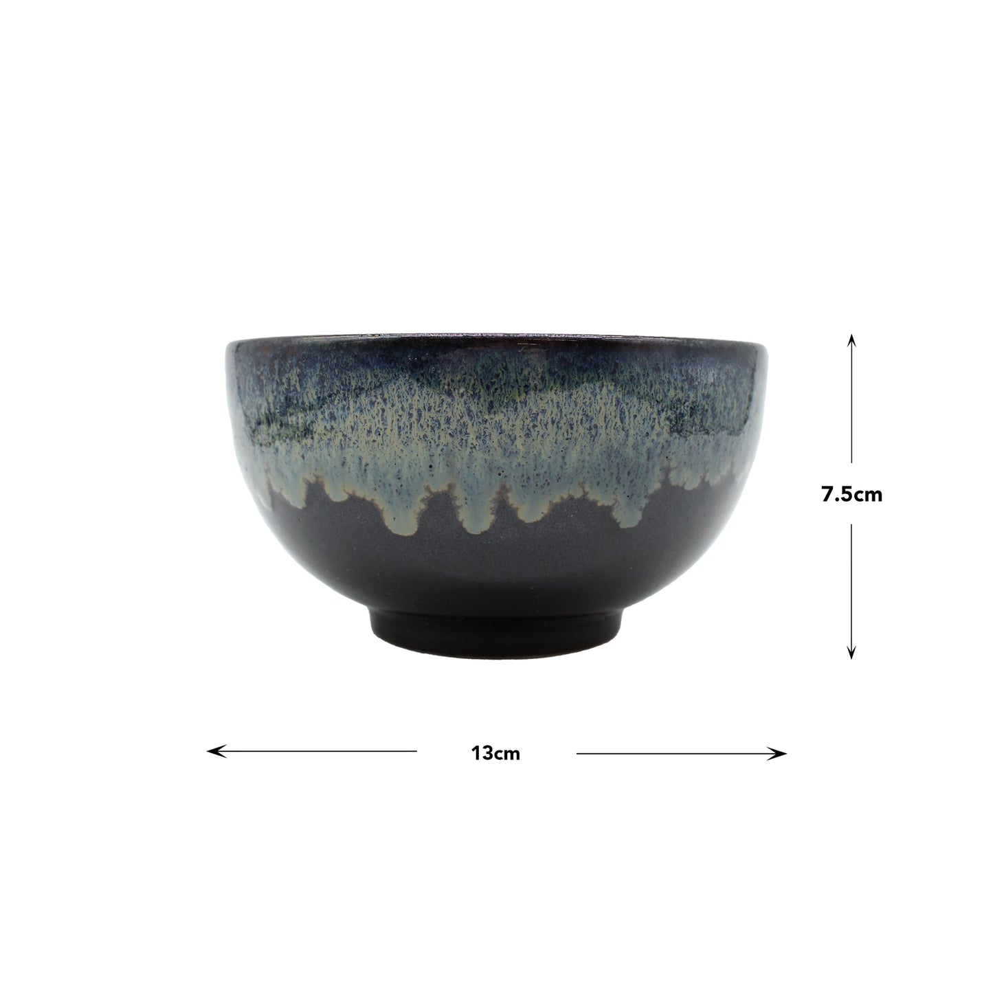 
                  
                    The Miso Bowl - Black Cascade features a blue and gray reactive glaze on porcelain, measures 13 cm in diameter and 7.5 cm in height, and is displayed against a white background.
                  
                