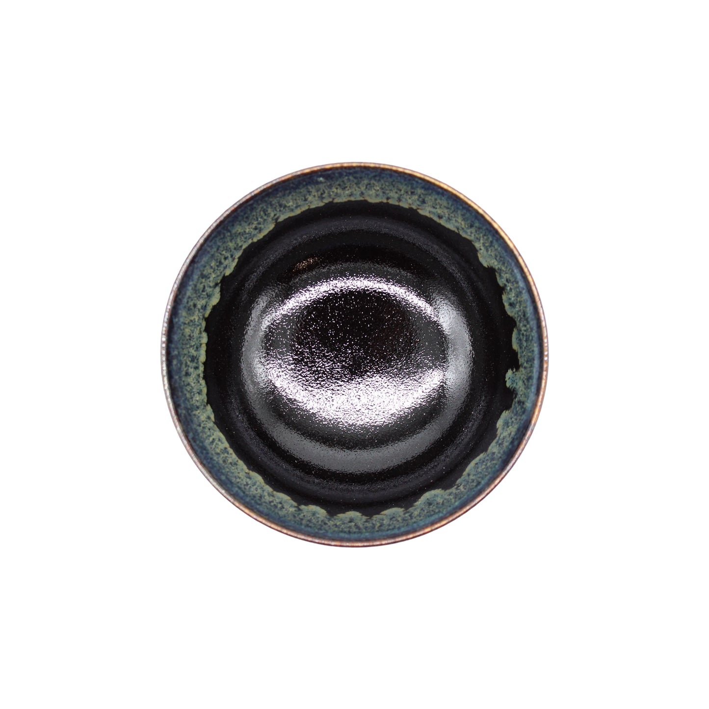 
                  
                    The Miso Bowl - Black Cascade features a glossy black interior and a textured blue-green rim with a stunning reactive glaze, viewed from above.
                  
                