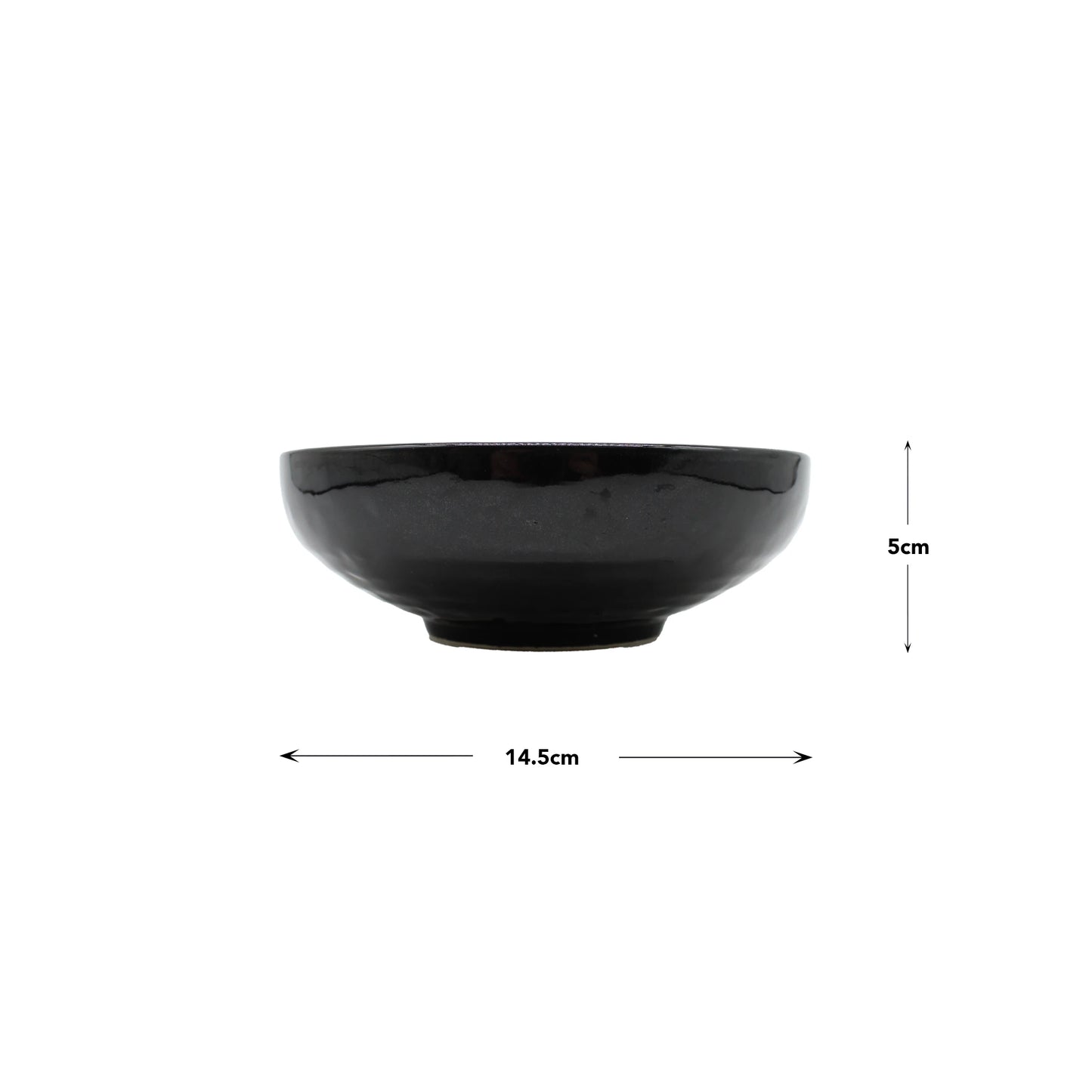 
                  
                    Shallow Earthenware Bowl - Black Glaze, handcrafted from Iga clay, measuring 14.5 cm in diameter and 5 cm in height, displayed on a white background with measurement arrows.
                  
                