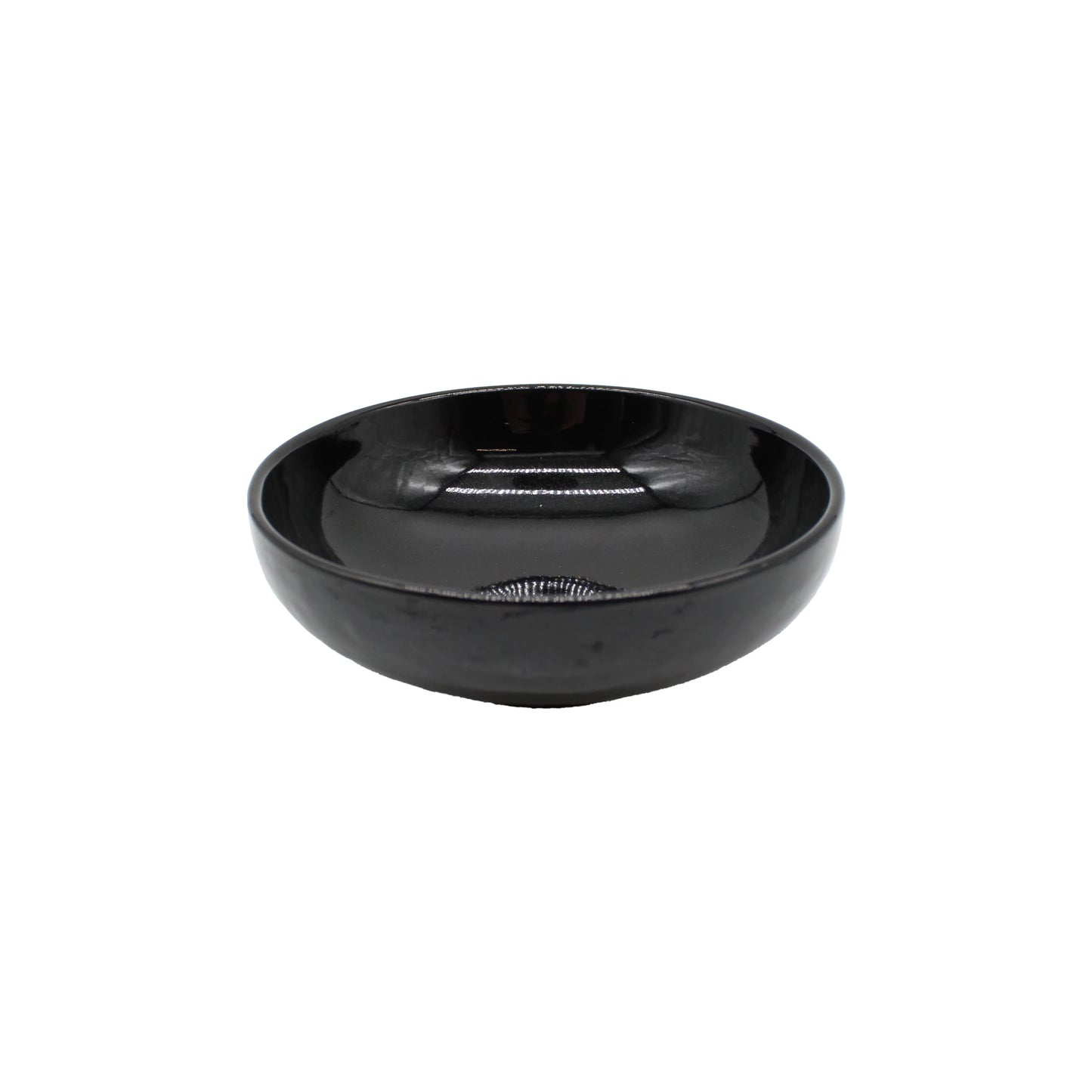 
                  
                    A handmade Shallow Earthenware Bowl with a glossy black glaze is centered on a white background.
                  
                