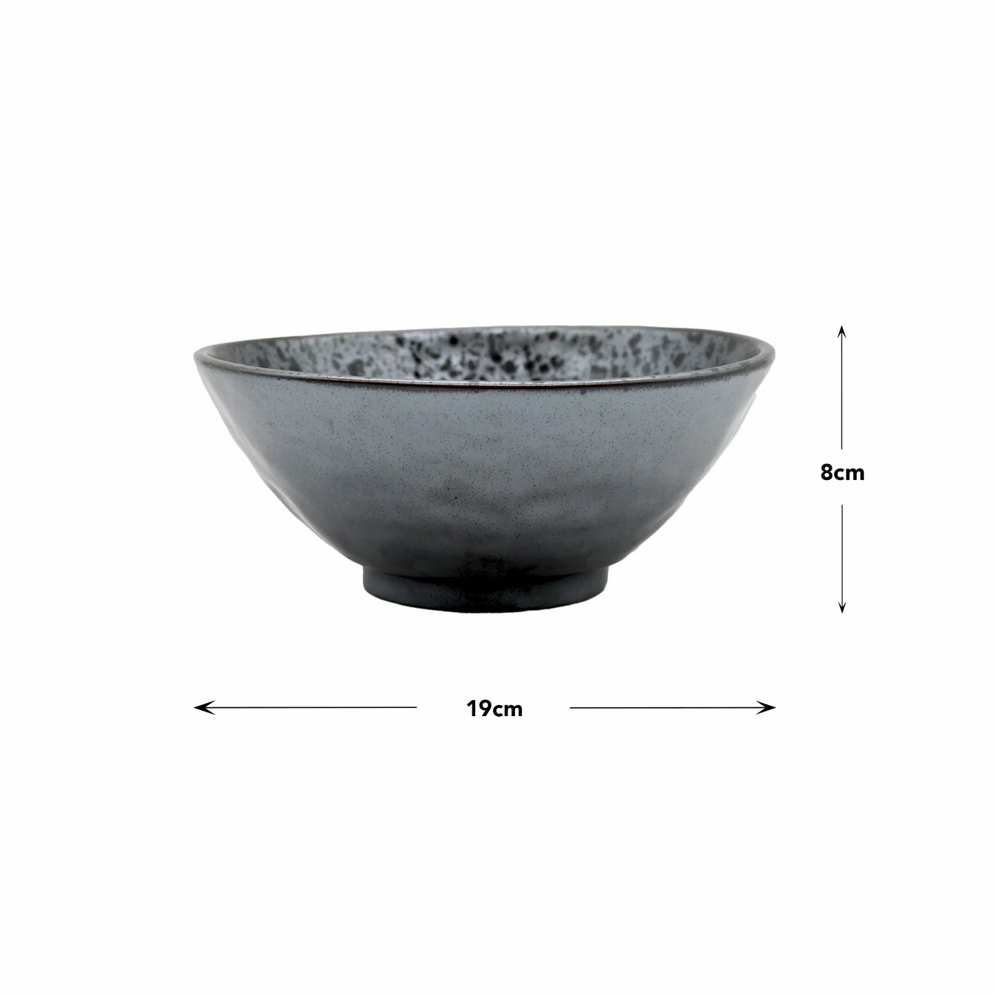 The Udon Bowl - Black Pearl is a gray Minoyaki porcelain bowl with a speckled finish, measuring 8 cm in height and 19 cm in diameter, shown with measurement arrows to indicate its size.