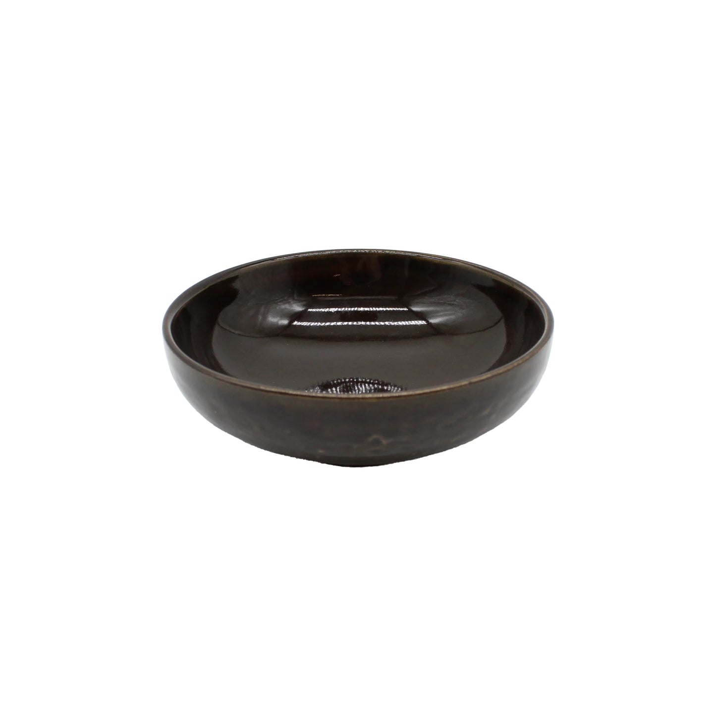 
                  
                    A Shallow Earthenware Bowl - Brown Glaze, featuring a dark brown glossy finish, is photographed against a plain white background.
                  
                