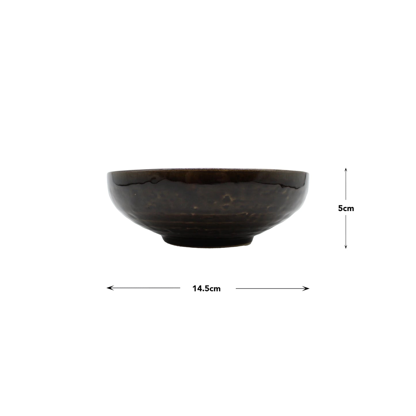 
                  
                    Shallow Earthenware Bowl - Brown Glaze, shown in side view with labeled dimensions: diameter 14.5 cm and height 5 cm.
                  
                