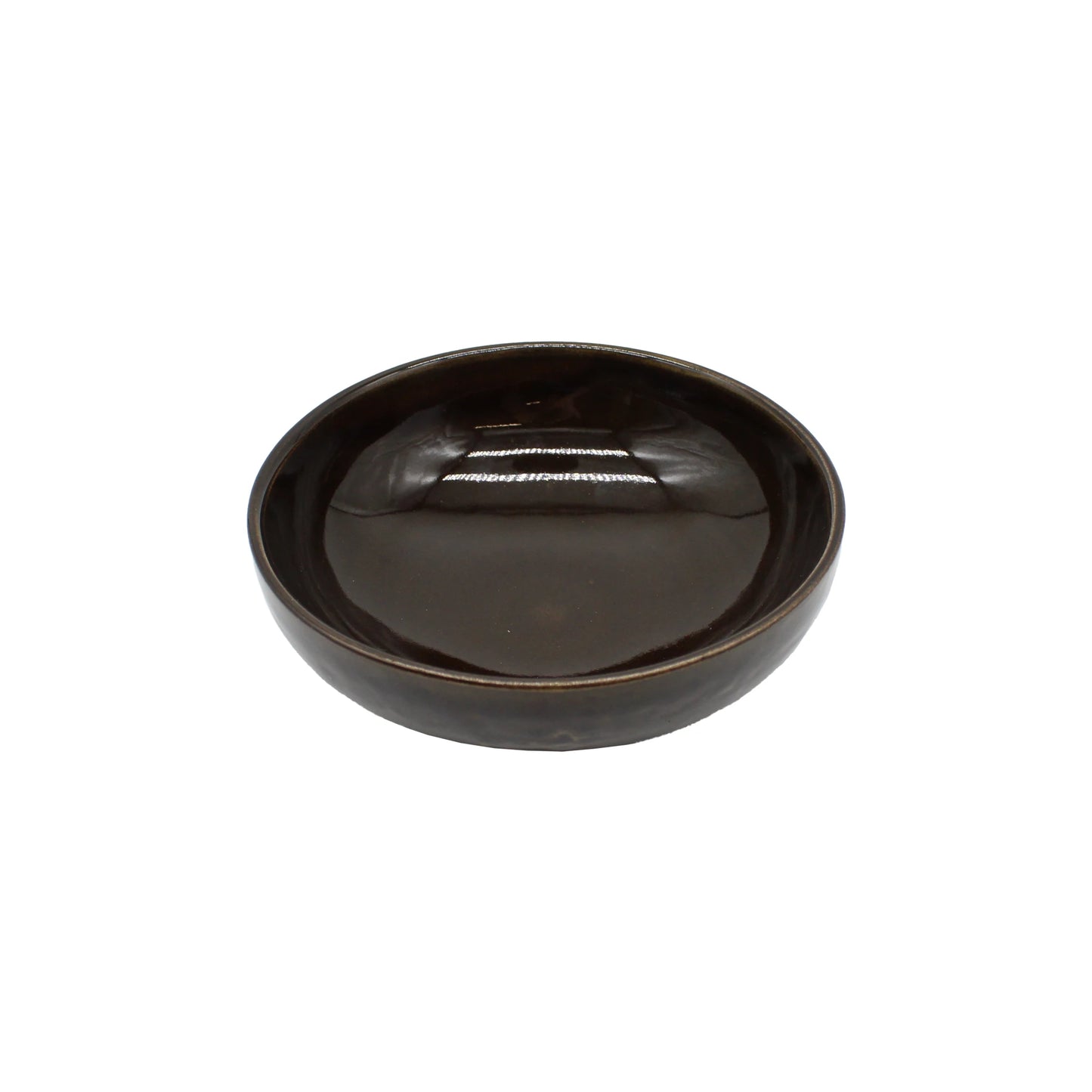 
                  
                    A top-view image of the Shallow Earthenware Bowl - Brown Glaze, featuring a dark brown shiny glazed finish, set against a white background.
                  
                